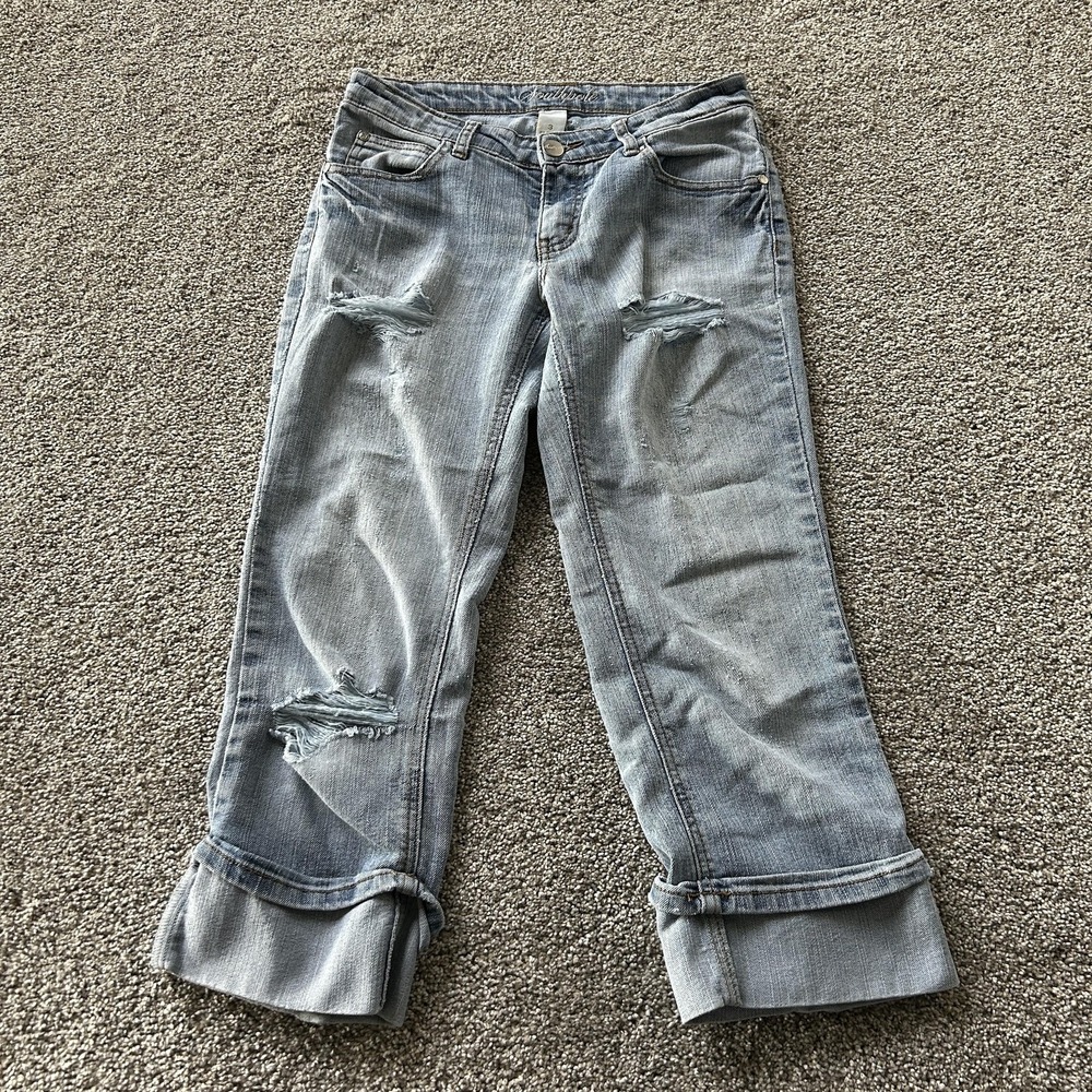 Y2K Southpole Capri Jeans Juniors 3 Light Wash Cuffed Distressed Stretch Denim